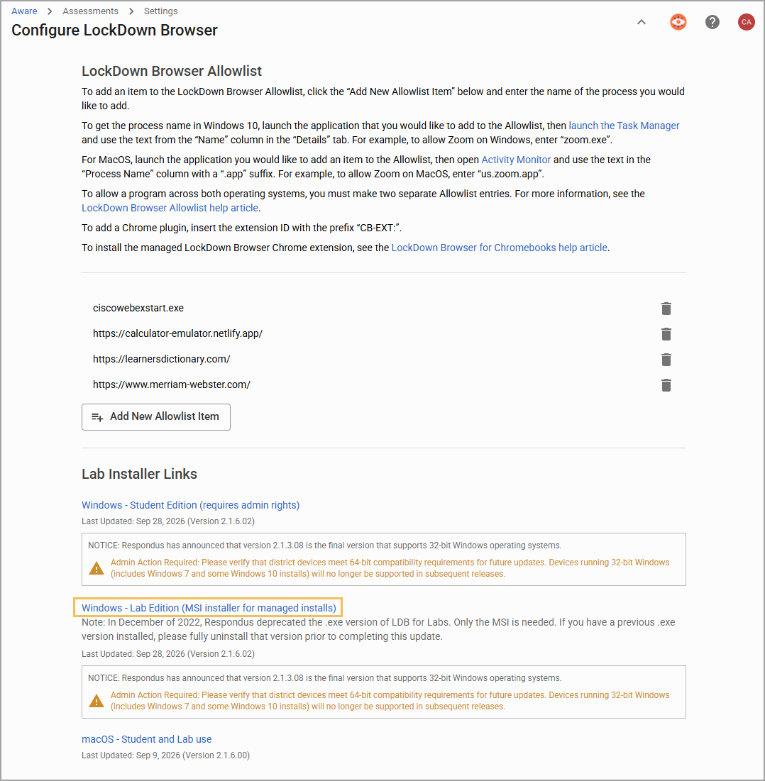 Instructions for configuring LockDown Browser Allowlist and lab installer links for Windows.